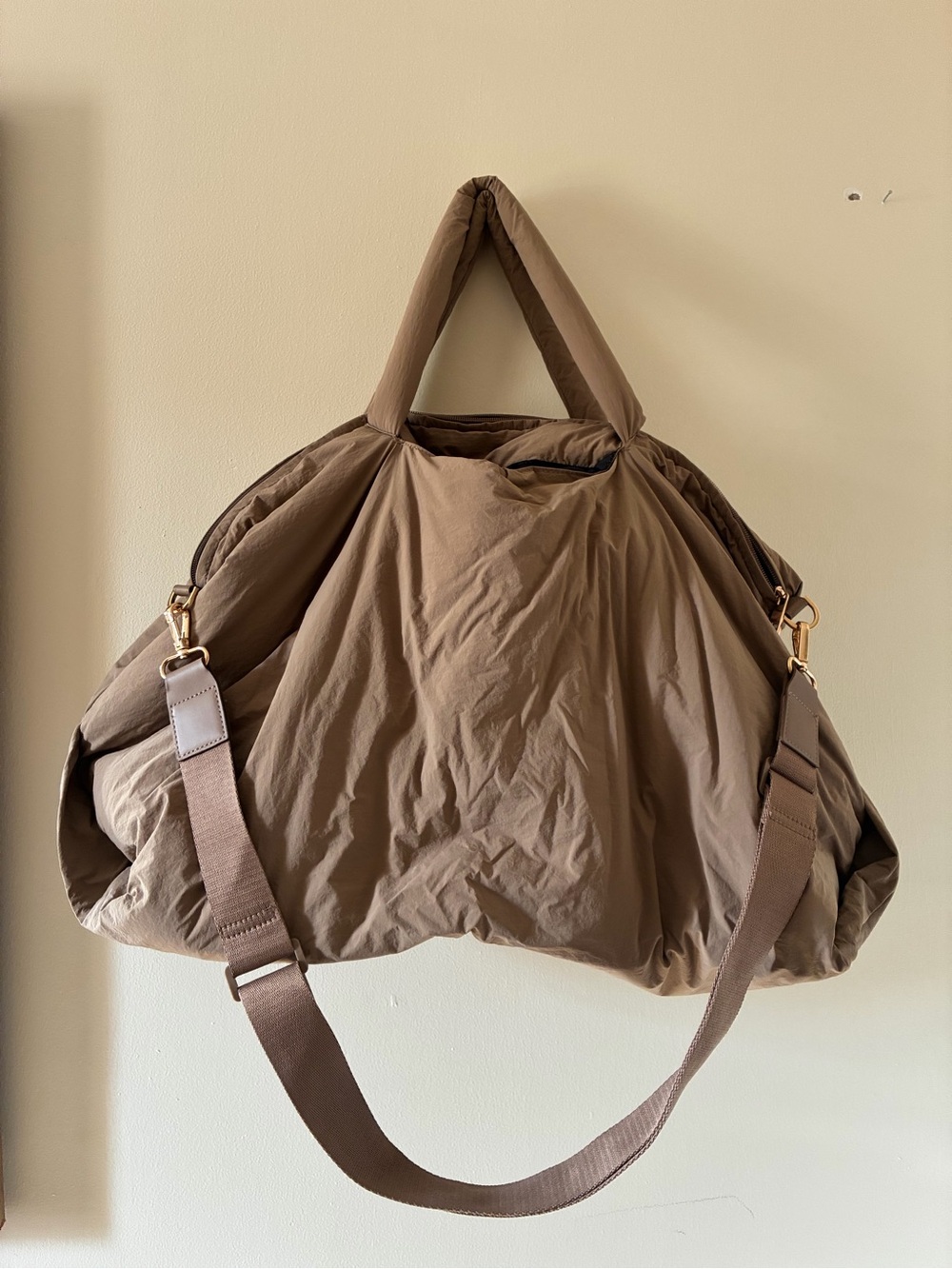 Brown Soft Nylon Tote Bag with Detachable Strap